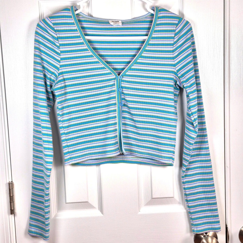 Cotton On Striped Long Sleeve Green Blue Pink Button‎ Crop Top Women's Small